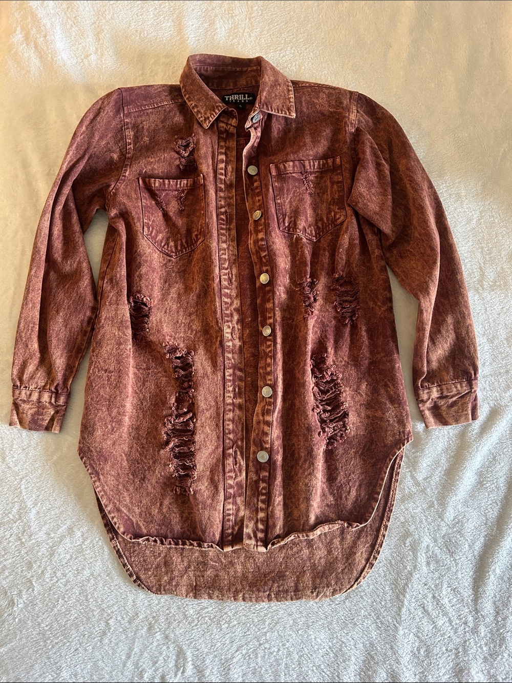 Thrill Distressed Longline Button-Down Shirt - Rust Red